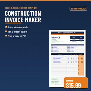 May include: A digital template for a construction invoice maker. The design features a blue background with white text that reads "CONSTRUCTION INVOICE MAKER". The invoice template is displayed with example data.