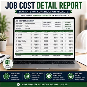 Op de afbeelding: Een laptopscherm met een sjabloon voor een gedetailleerd kostenrapport voor bouwprojecten. Het werkblad bevat kolommen voor budget, vastgelegde kosten en totale kosten tot nu toe, met een factuuroverzicht en een Excel-sjabloonpictogram.