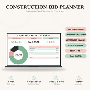 May include: A laptop screen displays a construction bid planner template. The screen shows financial data, including total bid price, total cost, and markup percentage. Additional features include a bid calculator, automated estimate, and invoice.