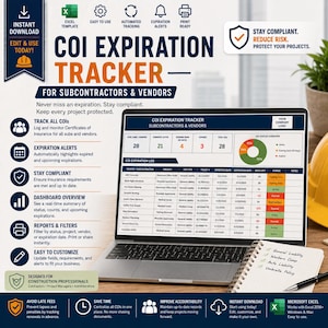 May include: A digital COI Expiration Tracker template displayed on a laptop screen, featuring a dashboard with a pie chart, a vendor log table, and text detailing automated tracking, expiration alerts, and compliance management for subcontractors.