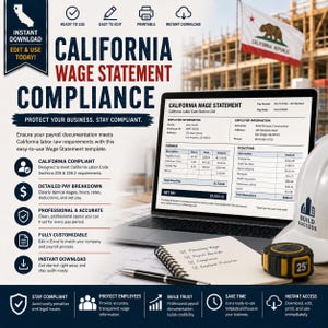 May include: A digital California Wage Statement template displayed on a laptop screen, accompanied by a white hard hat, a yellow 25-foot measuring tape, and a pen on a notepad. The document outlines payroll details, earnings, and deductions.