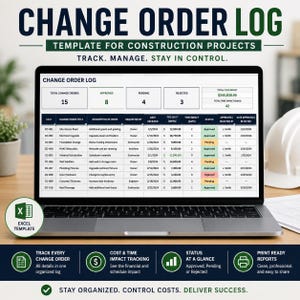 Op de afbeelding: Een digitaal sjabloon voor een wijzigingslogboek voor bouwprojecten, weergegeven op een laptopscherm. Het spreadsheet bevat kolommen voor titels, beschrijvingen, datums, kosten, tijdsduur en statussen zoals goedgekeurd, in afwachting of afgewezen.