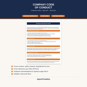 May include: A digital document template titled Company Code of Conduct featuring nine sections, including professional conduct, safety, and workplace respect. The white document has orange headers and is editable in Microsoft Word, with an employee sign-off page.