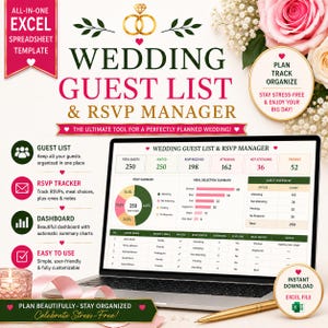 Op de afbeelding: Een alles-in-één Excel-spreadsheet-sjabloon voor een bruiloftsgastenlijst en RSVP-beheer, weergegeven op een laptopscherm. De interface bevat samenvattende grafieken, maaltijdselectiegegevens en een overzichtstabel voor gasten.