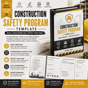 May include: A black binder and an open spiral-bound document titled Construction Safety Program Template. The design features yellow and black hazard stripes, construction icons, and text detailing OSHA compliance, risk reduction, and workplace safety.