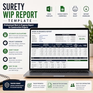Op de afbeelding: Een digitaal Surety WIP-rapportsjabloon weergegeven op een laptopscherm, met een samenvatting van bouwprojecten, kostenoverzichten en facturatietabellen. De lay-out bevat pictogrammen voor Excel, Google Sheets, afdrukken en downloaden.
