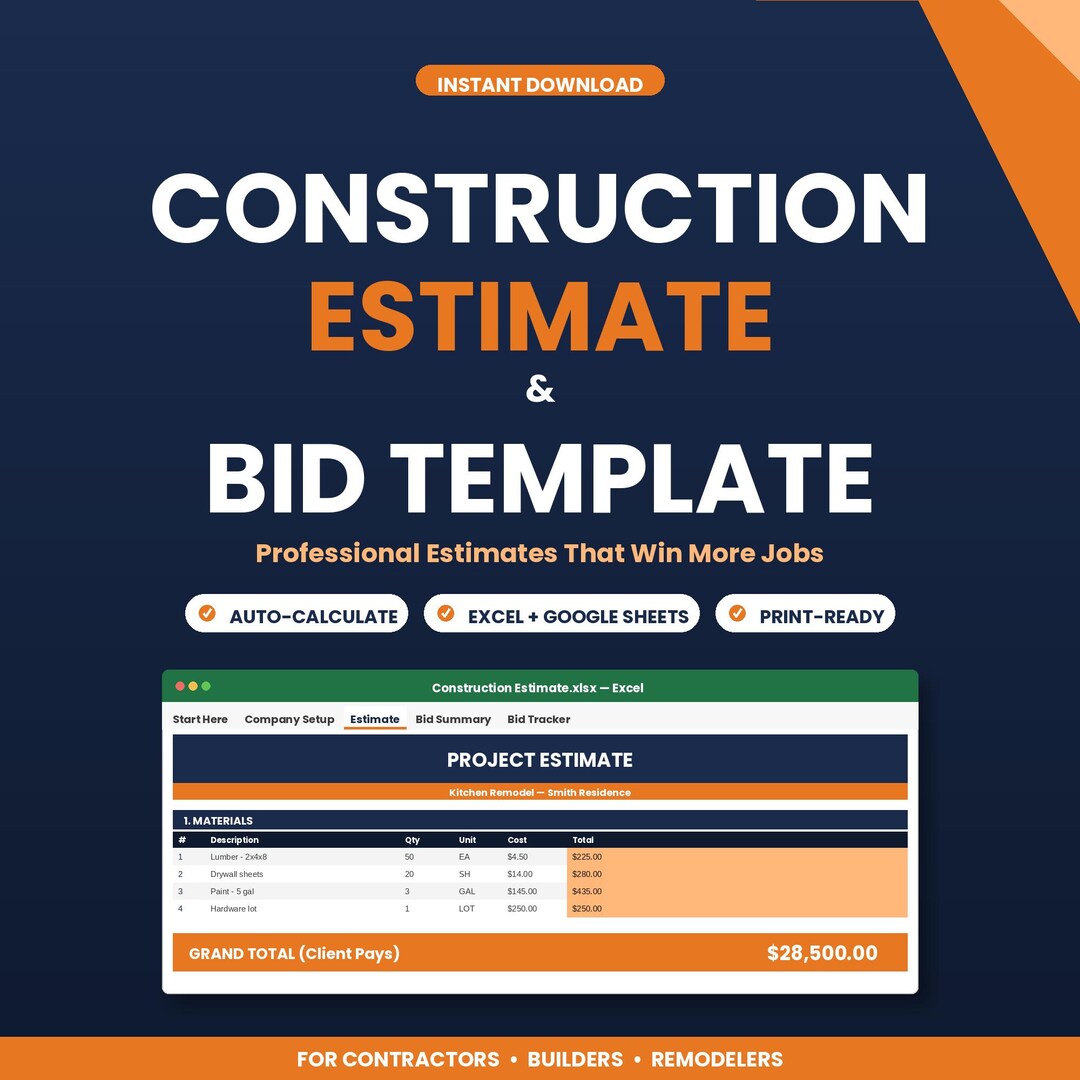 Construction Estimate Template Excel | Contractor Bid Sheet (digital ...