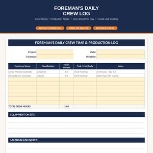 May include: A Foreman's Daily Crew Time & Production Log template featuring fields for project, date, foreman, and weather. The table includes columns for employee name, classification, hours worked, task or cost code, and notes, plus sections for equipment on site and materials delivered.