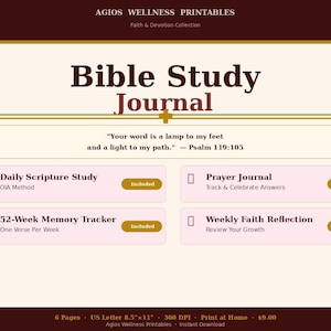 Bible Study Journal – Daily Scripture, Prayer, Memory Tracker (PDF Download)