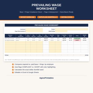 May include: A digital Prevailing Wage Worksheet template featuring a dark blue header, orange buttons, and a spreadsheet table with columns for employee name, hours worked, base rates, fringe rates, total rates, variance, status, and shortfall.