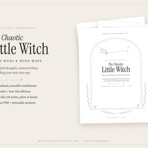Könnte beinhalten: Ein digitales, druckbares Set mit dem Titel The Chaotic Little Witch Brain-Webs & Mind Maps. Das Dokument enthält 22 undatierte, wiederverwendbare Arbeitsblätter in Vollfarb- und tintensparenden Versionen sowie ein Master-PDF.