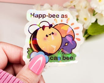 Holographic Cute Happy Bee Vinyl Sticker | Waterproof Sticker Great for Bullet Journal, Planner, Laptop, Water Bottle & More | Kawaii Gift