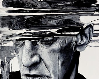 May include: Black and white abstract portrait painting. The artwork features a man's face with a textured, grayscale finish. The upper portion of the image is a blend of black and white paint, creating a dynamic, layered effect.