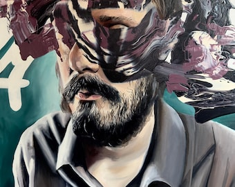 May include: An abstract portrait painting featuring a man with a full beard and a gray collared shirt. The upper portion of the face is obscured by a swirl of dark, textured paint in shades of purple, black, and white, against a teal and white background.