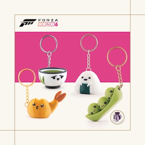 May include: Four keychains featuring food-themed characters: a yellow fried shrimp, a white bowl with green liquid, a white rice ball with a green wrap, and three green peas in a pod. Each has a metal ring and chain. The Forza Horizon 6 logo is at the top.