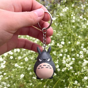 May include: A gray Totoro keychain with a silver chain and keyring. The keychain features a detailed, cartoon-style design of the character with a light tan belly and white accents. The background is a blurred view of white flowers.