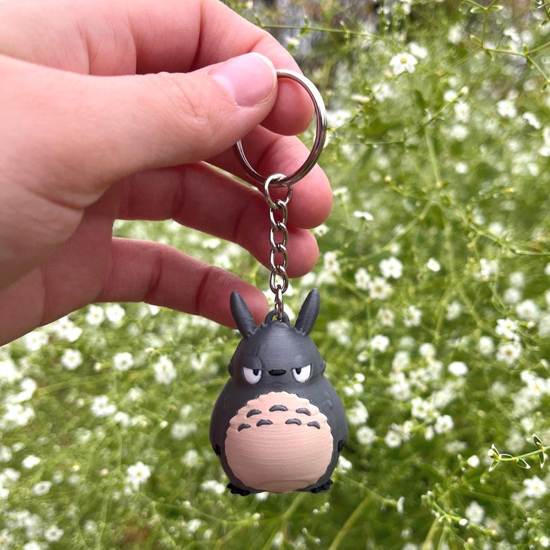 May include: A gray Totoro keychain with a silver chain and keyring. The keychain features a detailed, cartoon-style design of the character with a light tan belly and white accents. The background is a blurred view of white flowers.