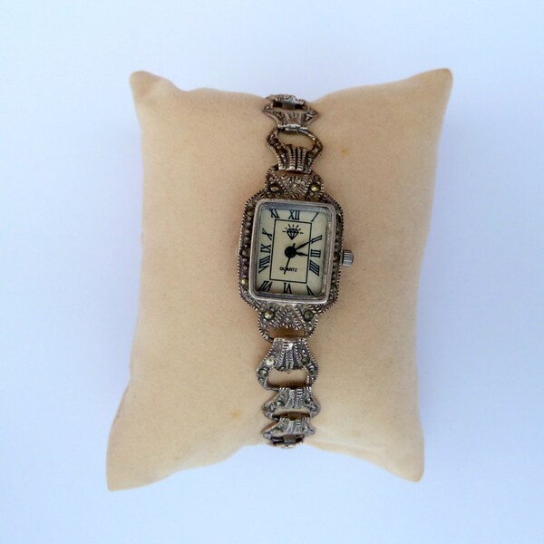 Free shipping sterling silver watch with marcasite stones,gift for her,vintage watch,gift for Mom, Christmas gift