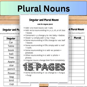 Könnte beinhalten: Ein Arbeitsblatt mit dem Titel Plural Nouns, das eine zentrale Liste von Regeln für Singular- und Pluralnomen enthält, einschließlich Beispielen wie cat zu cats und box zu boxes. Das Dokument zeigt eine Tabelle und den Text 15 PAGES.