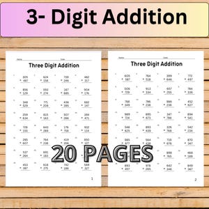 20 Printable 3-Digit Addition Worksheets, Grade 3 & 4 Math Practice (Digital Download)