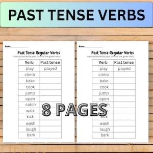 Pode incluir: Uma folha de exercícios educativa imprimível intitulada Past Tense Verbs, apresentando duas colunas idênticas de uma tabela. Cada tabela lista verbos como play, climb, bake, cook, jump, open, catch, walk, kick, wash, laugh e bark com espaço.