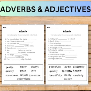 Può includere: Una scheda didattica intitolata ADVERBS & ADJECTIVES che presenta due colonne di esercizi di grammatica. Ogni sezione include un elenco di dieci frasi con spazi vuoti da completare utilizzando una banca dati di parole contenente avverbi come gently, never e peacefully.
