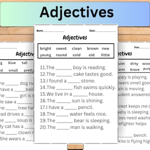 Puede incluir: Una hoja de trabajo educativa en blanco y negro titulada Adjectives que presenta un banco de palabras con términos como bright, sweet, clean, brown, new, young, round, cold, old y little, seguida de diez oraciones numeradas del 11 al 20.