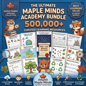 Pode incluir: O pacote Ultimate Maple Minds Academy com mais de 500.000 recursos de aprendizagem. Inclui várias folhas de exercícios educativos sobre alfabetos, geografia, ciência e matemática, ilustradas com desenhos de animais.