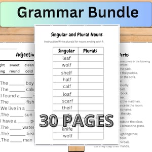 以下が含まれることがあります： Grammar Bundleの教育用ワークシート。単数形と複数形の名詞の表があり、fで終わる名詞の複数形を書く指示が記載されています。リストには、leaf、wolf、shelf、half、calf、loaf、scarf、thief、knife、wolfなどの単語が含まれています。