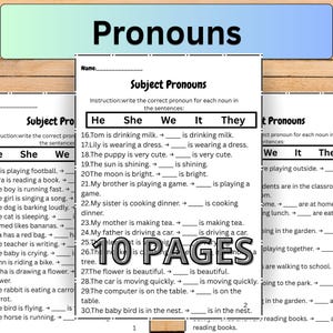 Puede incluir: Un conjunto de 10 páginas de hojas de trabajo educativas tituladas Pronouns y Subject Pronouns. Las páginas presentan texto negro sobre papel blanco con ejercicios que piden escribir el pronombre correcto de la lista He, She, We, It, They.