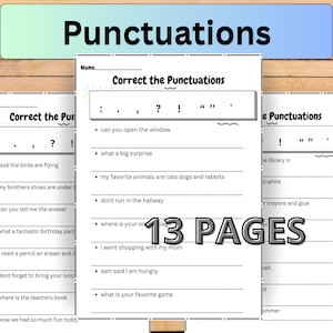 以下が含まれることがあります： 「Correct the Punctuations」と題された13ページの教育用ワークシート。コロン、ピリオド、カンマ、疑問符、感嘆符、引用符などの句読点を学生が記入するための文章リストが記載されています。