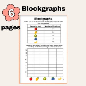May include: A 6-page educational worksheet titled Blockgraphs featuring a data table with fruit icons and student counts. The page includes a blank grid for students to colour-code based on the provided data, with fruit illustrations at the bottom.