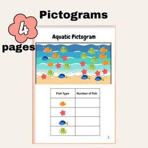 May include: A four-page educational worksheet titled Pictograms featuring an Aquatic Pictogram activity. The page displays a colourful ocean scene with orange fish, blue fish, green octopuses, and red starfish above a table for counting.