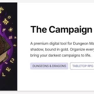 May include: A brown leather-bound book with gold accents, surrounded by a purple aura with yellow symbols. The text "The Campaign Planner" is displayed above a description of the product.