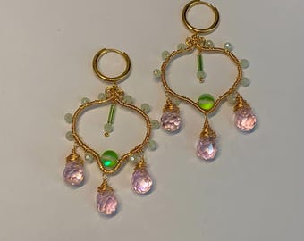Handmade Pink and green chandelier earrings