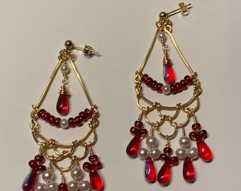 Handmade Red White Gold Chandelier Earrings, Tarnish Resistant Wire, Stainless Steel Studs