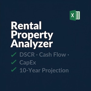 Könnte beinhalten: Dunkelblaue Grafik mit dem weißen Text "Rental Property Analyzer". Darunter stehen grüne Häkchen vor den Sätzen "DSCR • Cash Flow •", "CapEx" und "10-Year Projection". Ein Excel-Logo befindet sich in der oberen rechten Ecke.