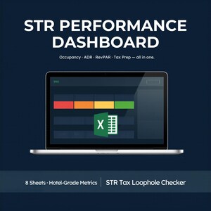 以下が含まれることがあります： ラップトップには、色分けされたバーと「STR PERFORMANCE DASHBOARD」というテキストが表示されたExcelスプレッドシートが表示されています。画面には「Occupancy、ADR、RevPAR、Tax Prep - all in one」と表示されています。下には「8 Sheets • Hotel-Grade Metrics | STR Tax Loophole Checker」と書かれています。