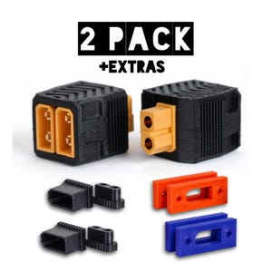 Puede incluir: Dos conectores eléctricos negros y amarillos con el texto "2 PACK + EXTRAS". También se incluyen componentes de conector negros, rojos y azules adicionales. Los conectores están diseñados para aplicaciones eléctricas.