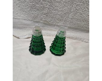 Vintage Green Glass Christmas Tree Salt and Pepper Shakers Holiday Decor Set