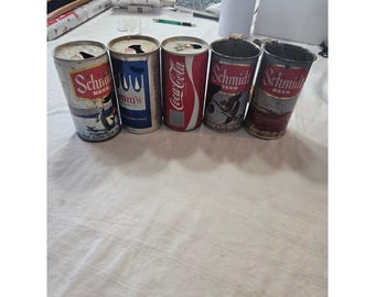 Lote de latas de cerveza y refrescos vintage – Cerveza Schmidt y Coca-Cola – Para la cueva del hombre (5 latas)