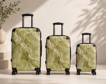 Maletas de mármol verde pistacho, equipaje de mano con textura de piedra, maletas de viaje de mármol de lujo, maletas rígidas verde salvia.