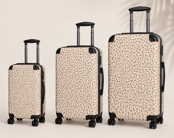 Maleta beige con estampado de leopardo, equipaje con estampado animal, maleta de cabina neutra, elegante maleta de viaje con ruedas