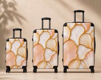 Peach Shell Suitcases, Floral Seashell Luggage, Carry On Travel Bags, Neutral Aesthetic Suitcases, 3 sizes