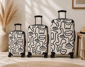 Abstract Faces Luggage (3 sizes), Minimal Line Art Suitcases, Monochrome Travel Case, Modern Artistic Travel Cases