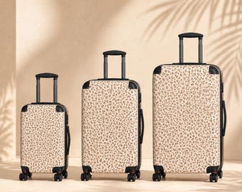Beige Leopard Print Suitcase, Animal Print Luggage, Neutral Carry On Suitcase, Chic Spinner Travel Bag