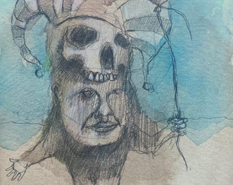 Original art brut neo expressionist Mixed Media Small Drawing- "Harrah!