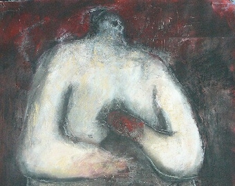 Original contemporary art brut dark raw art expressionist Mixed Media Painting on paper- "Red Handed"