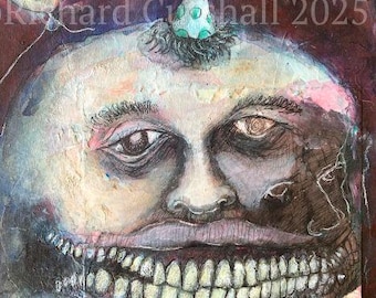 Original raw expression contemporary art brut small Mixed Media Painting on paper -"Grin Shadow"