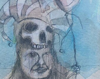 Original raw expression contemporary art brut small Mixed Media Painting on paper -'Lil' Jester" Sketch